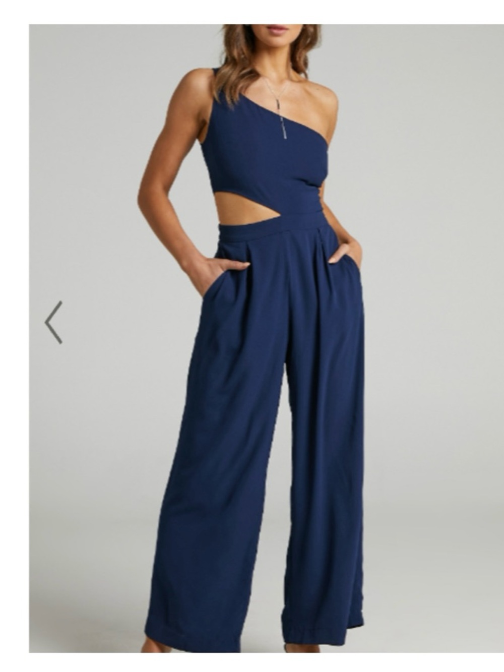 Showpo Navy One-Shoulder Cutout Wide-Leg Jumpsuit